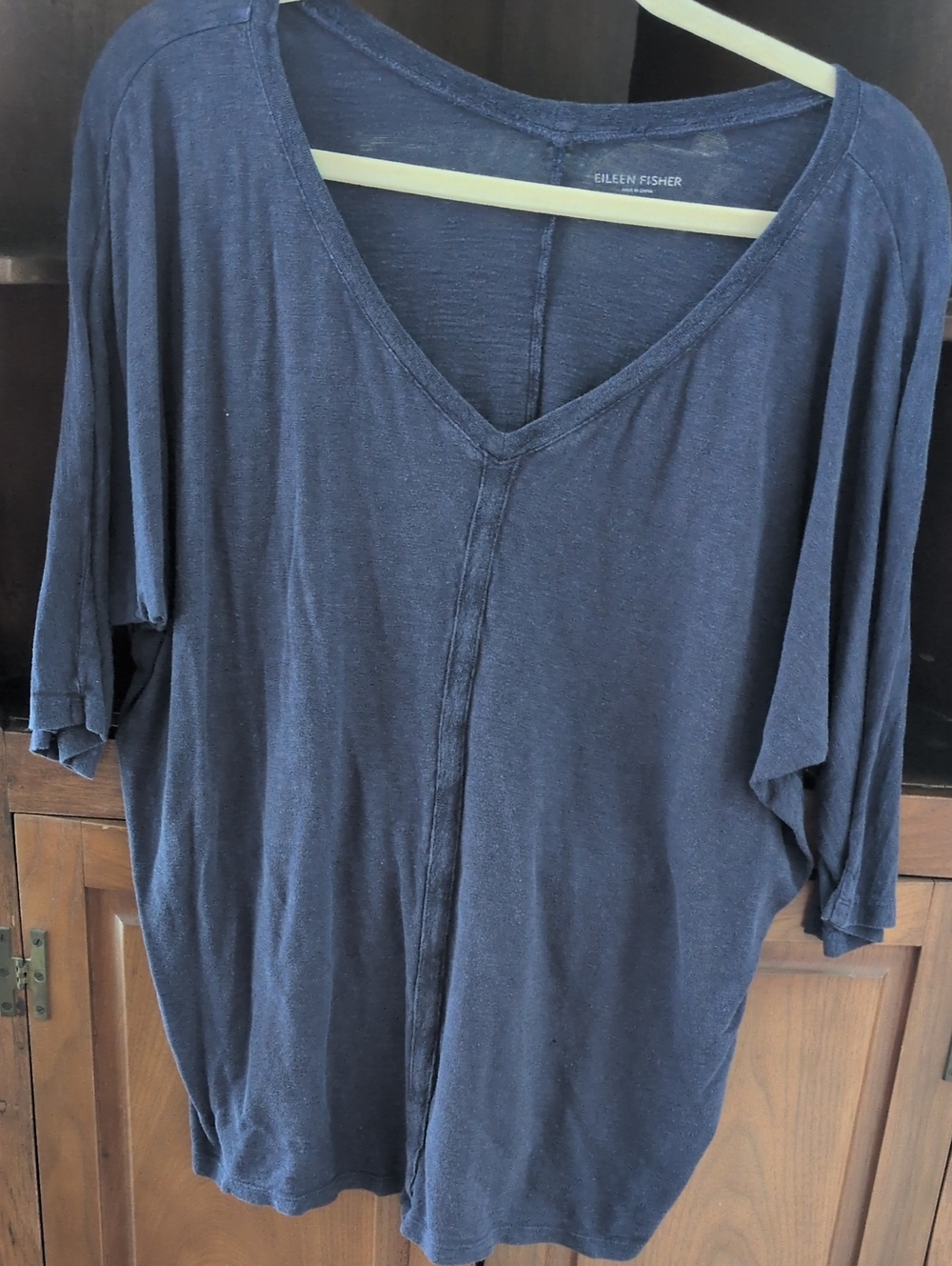 EILEEN FISHER Navy Deep V-Neck Short Sleeve Draped Top